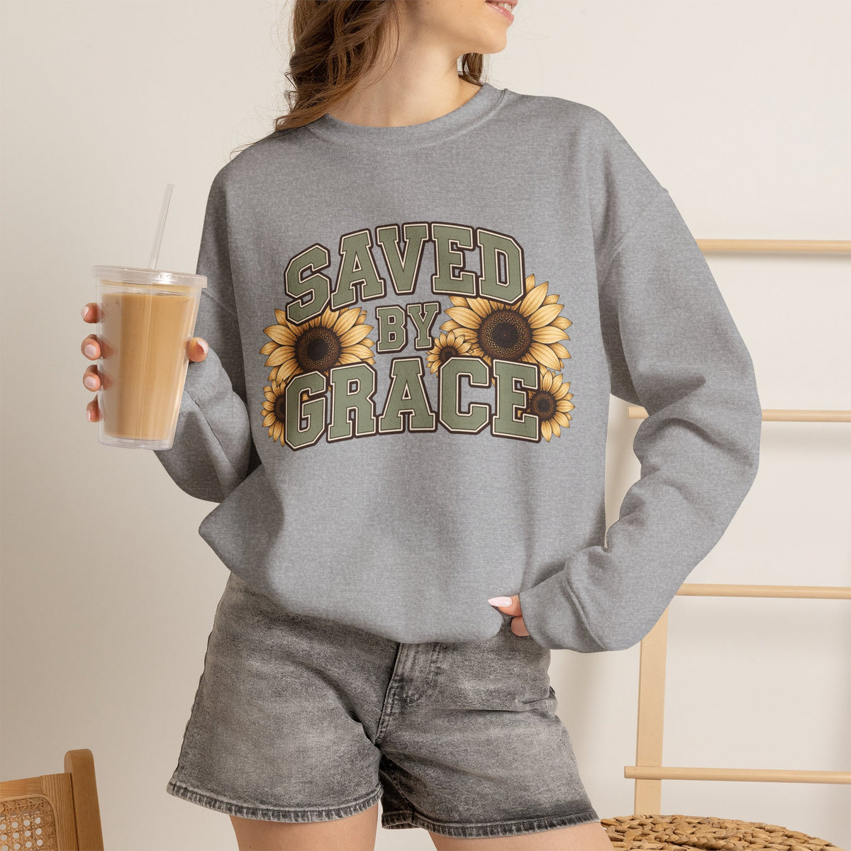 Saved By Grace Sweatshirt — Sunflower Christian Crewneck