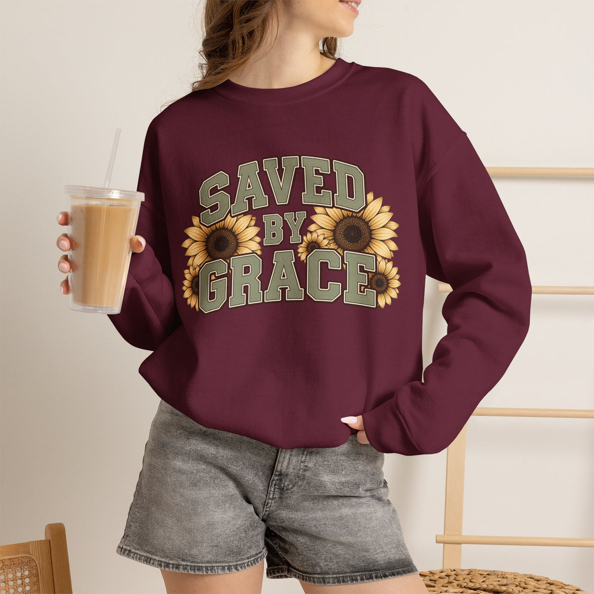 Saved By Grace Sweatshirt — Sunflower Christian Crewneck