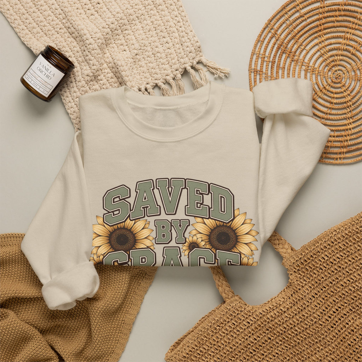 Saved By Grace Sweatshirt — Sunflower Christian Crewneck